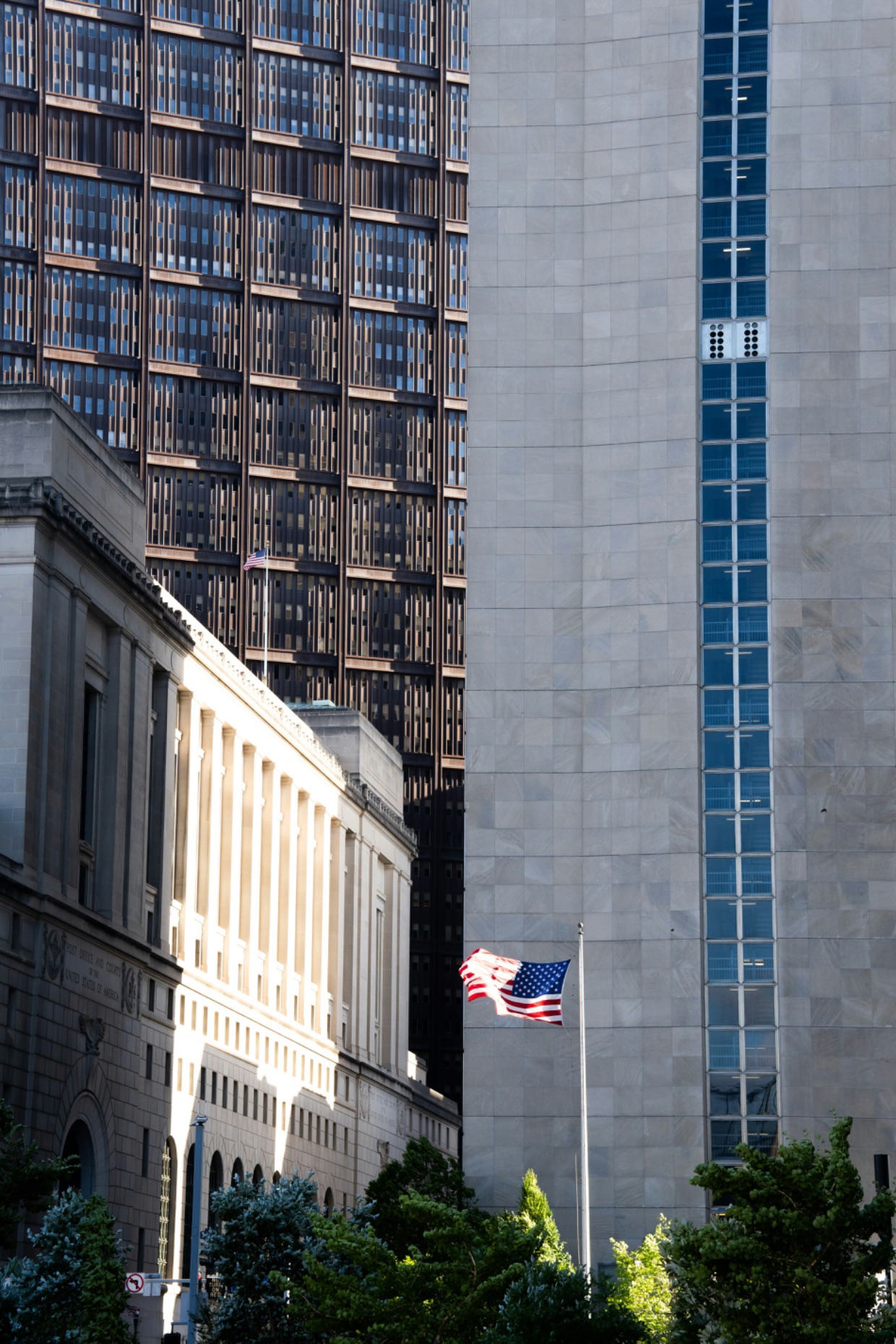 Federal government buildings with the American flag